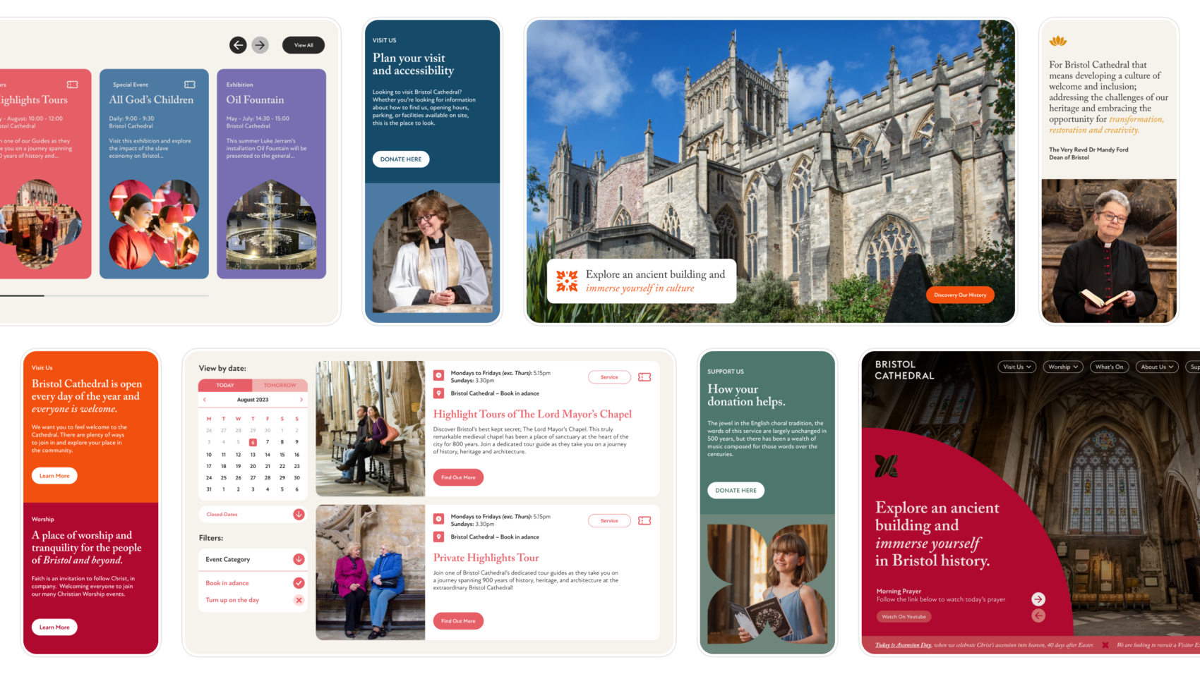 A design mockup of Bristol Cathedral web pages including the events layout page.