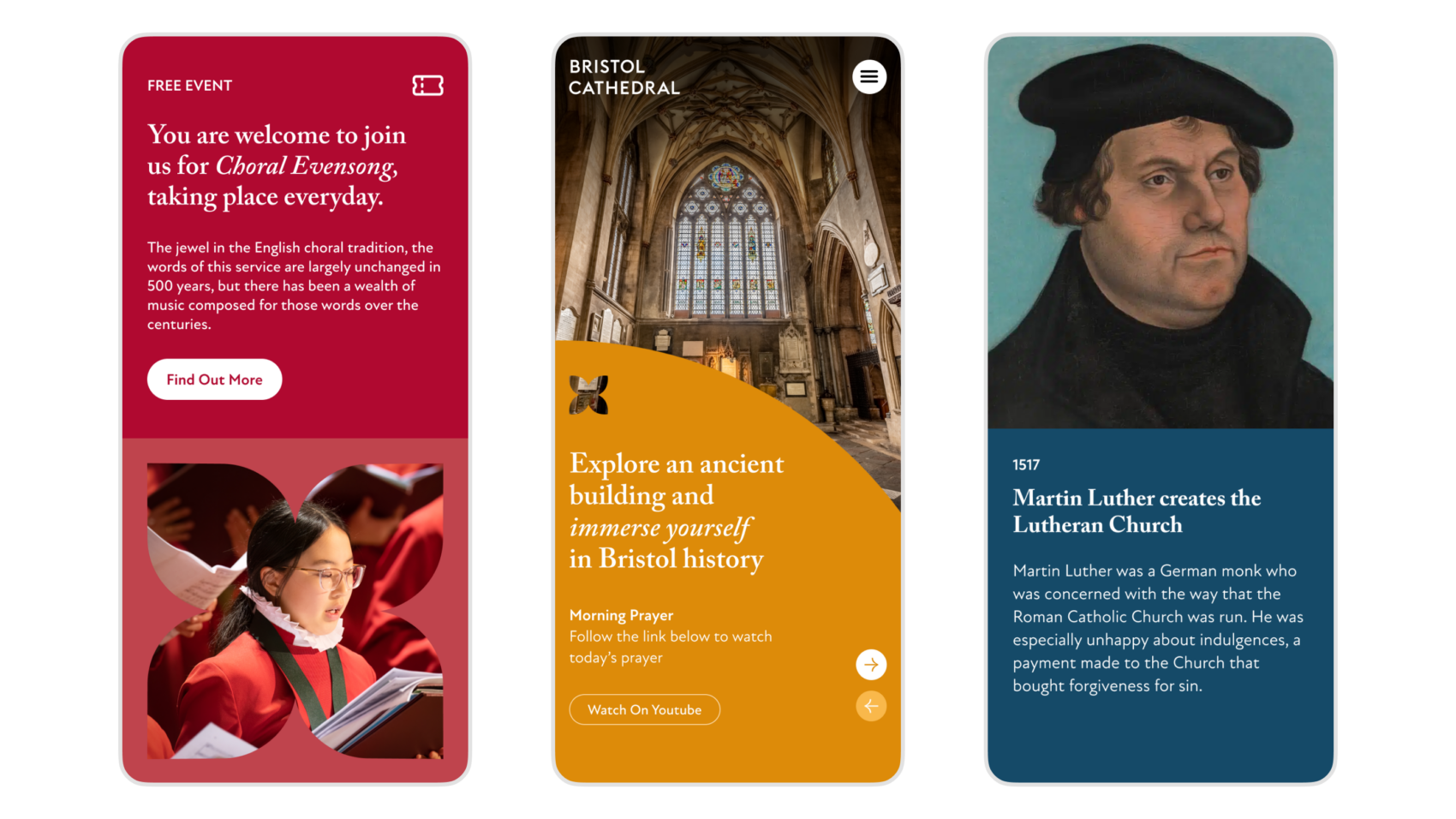 Some mobile design mockups of the Bristol Cathedral website design. 