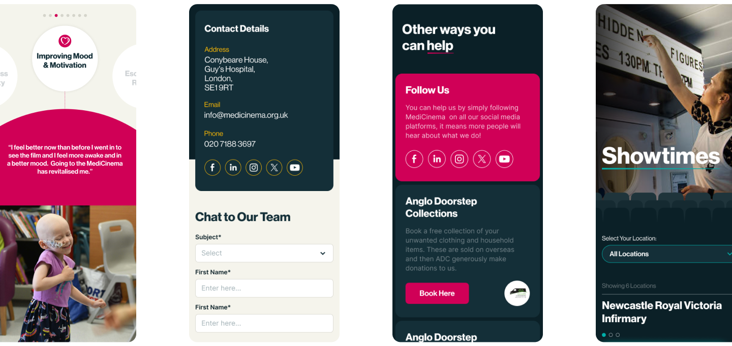 Design mockups showing how MediCinema displays on a mobile device. 
