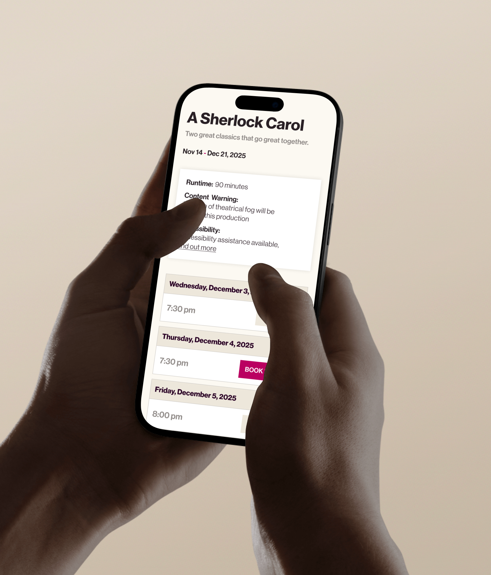 Hands holding smartphone showing Lyric Stage Boston show details and booking times on a mobile screen.