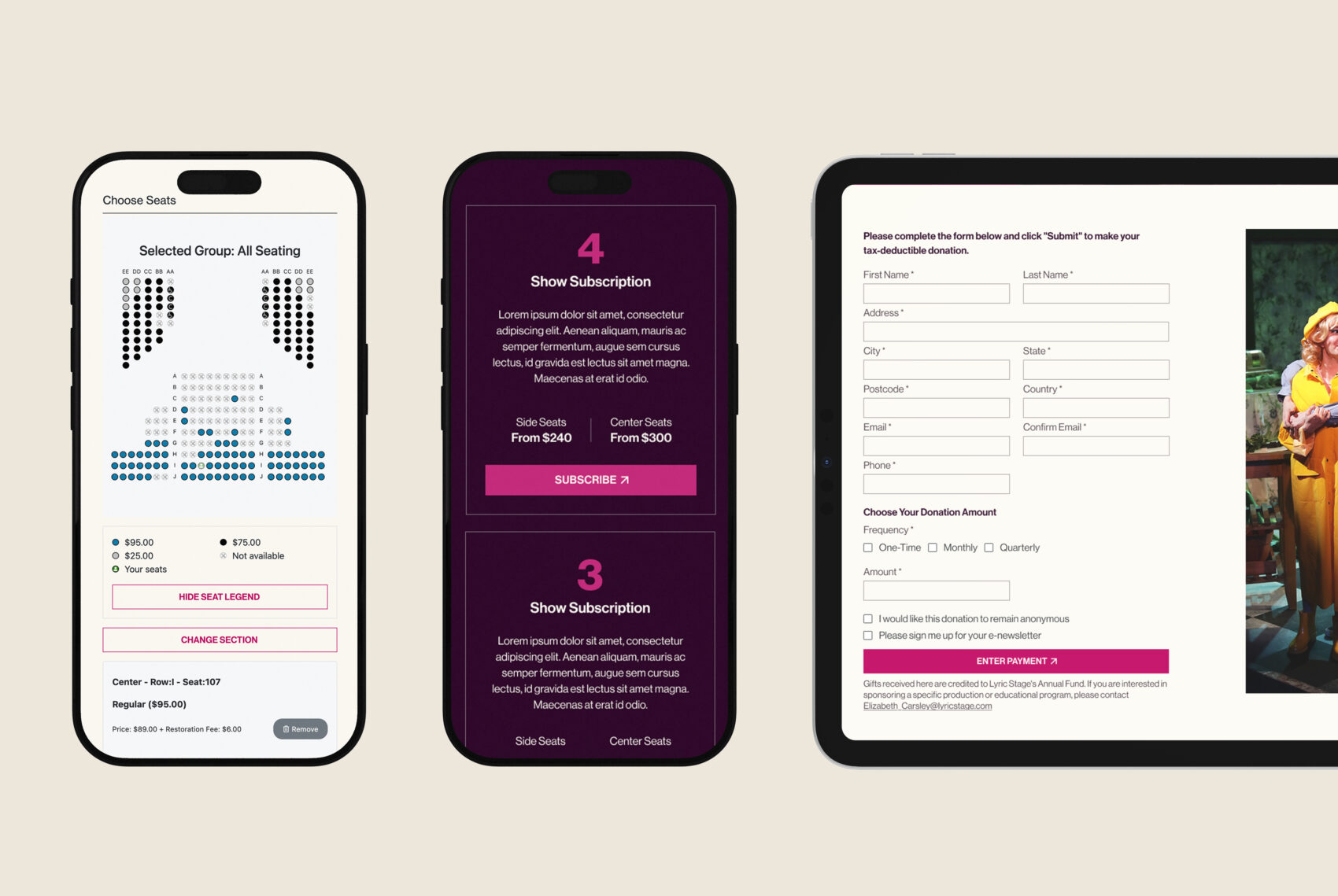 Responsive previews of the Lyric Stage Boston website on mobile and tablet showing seat selection, subscription options, and a donation form.