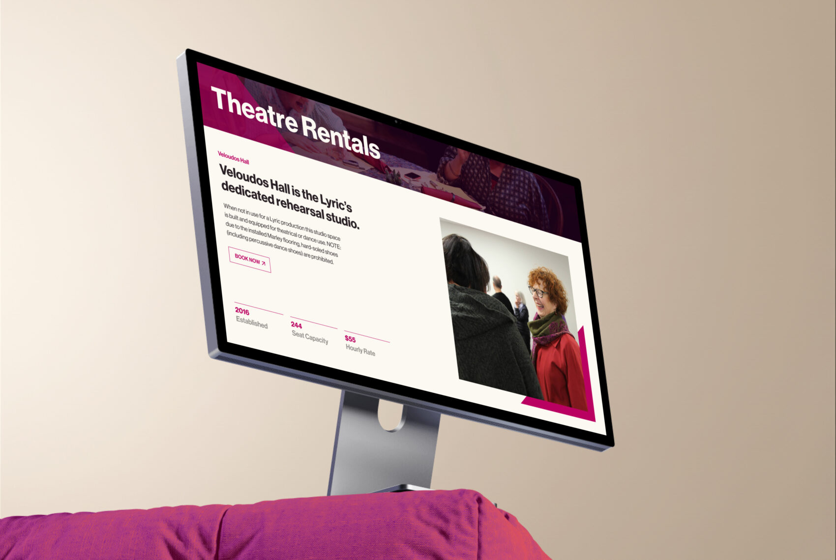 Desktop screen showing the Lyric Stage Boston website’s theatre rentals page with text about Veloudos Hall and a photo of people in conversation.